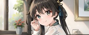 Preview wallpaper girl, smile, drink, window, anime