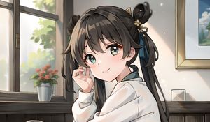 Preview wallpaper girl, smile, drink, window, anime