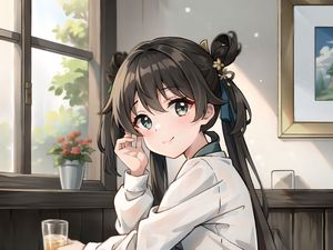 Preview wallpaper girl, smile, drink, window, anime