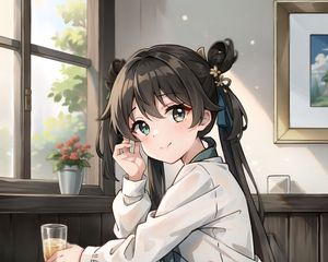 Preview wallpaper girl, smile, drink, window, anime
