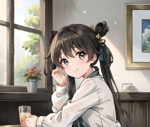 Preview wallpaper girl, smile, drink, window, anime