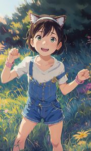 Preview wallpaper girl, smile, ears, grass, anime