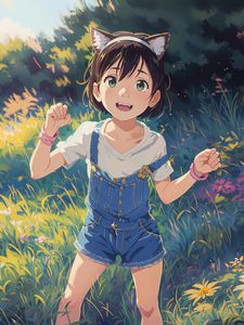 Preview wallpaper girl, smile, ears, grass, anime