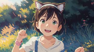 Preview wallpaper girl, smile, ears, grass, anime