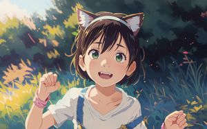 Preview wallpaper girl, smile, ears, grass, anime