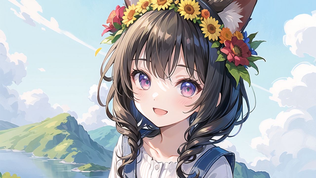 Wallpaper girl, smile, ears, wreath, mountains, flowers, anime