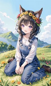 Preview wallpaper girl, smile, ears, wreath, mountains, flowers, anime