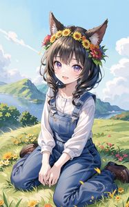 Preview wallpaper girl, smile, ears, wreath, mountains, flowers, anime