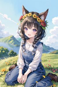 Preview wallpaper girl, smile, ears, wreath, mountains, flowers, anime