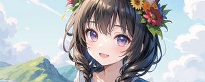 Preview wallpaper girl, smile, ears, wreath, mountains, flowers, anime