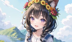 Preview wallpaper girl, smile, ears, wreath, mountains, flowers, anime