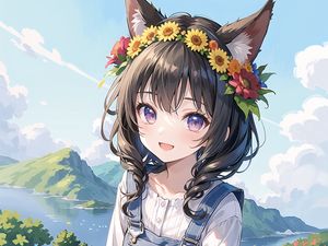 Preview wallpaper girl, smile, ears, wreath, mountains, flowers, anime