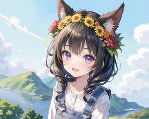 Preview wallpaper girl, smile, ears, wreath, mountains, flowers, anime