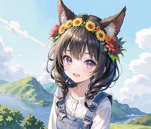 Preview wallpaper girl, smile, ears, wreath, mountains, flowers, anime