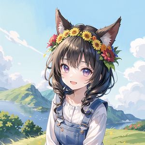 Preview wallpaper girl, smile, ears, wreath, mountains, flowers, anime