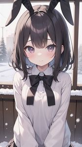 Preview wallpaper girl, smile, ears, snow, anime, art