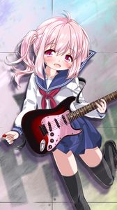 Preview wallpaper girl, smile, electric guitar, music, anime