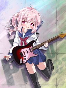 Preview wallpaper girl, smile, electric guitar, music, anime