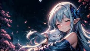 Preview wallpaper girl, smile, elf, cat, butterfly, anime, art