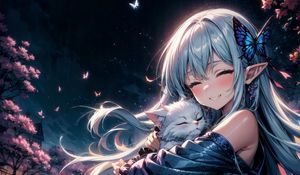 Preview wallpaper girl, smile, elf, cat, butterfly, anime, art