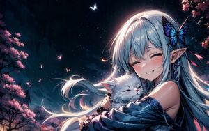 Preview wallpaper girl, smile, elf, cat, butterfly, anime, art