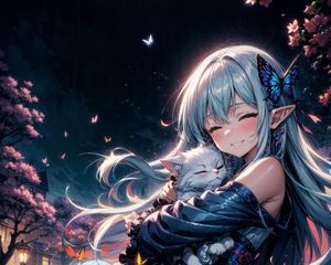 Preview wallpaper girl, smile, elf, cat, butterfly, anime, art