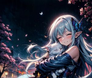 Preview wallpaper girl, smile, elf, cat, butterfly, anime, art