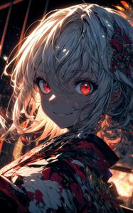 Preview wallpaper girl, smile, eyes, kimono, hairpin, light, anime