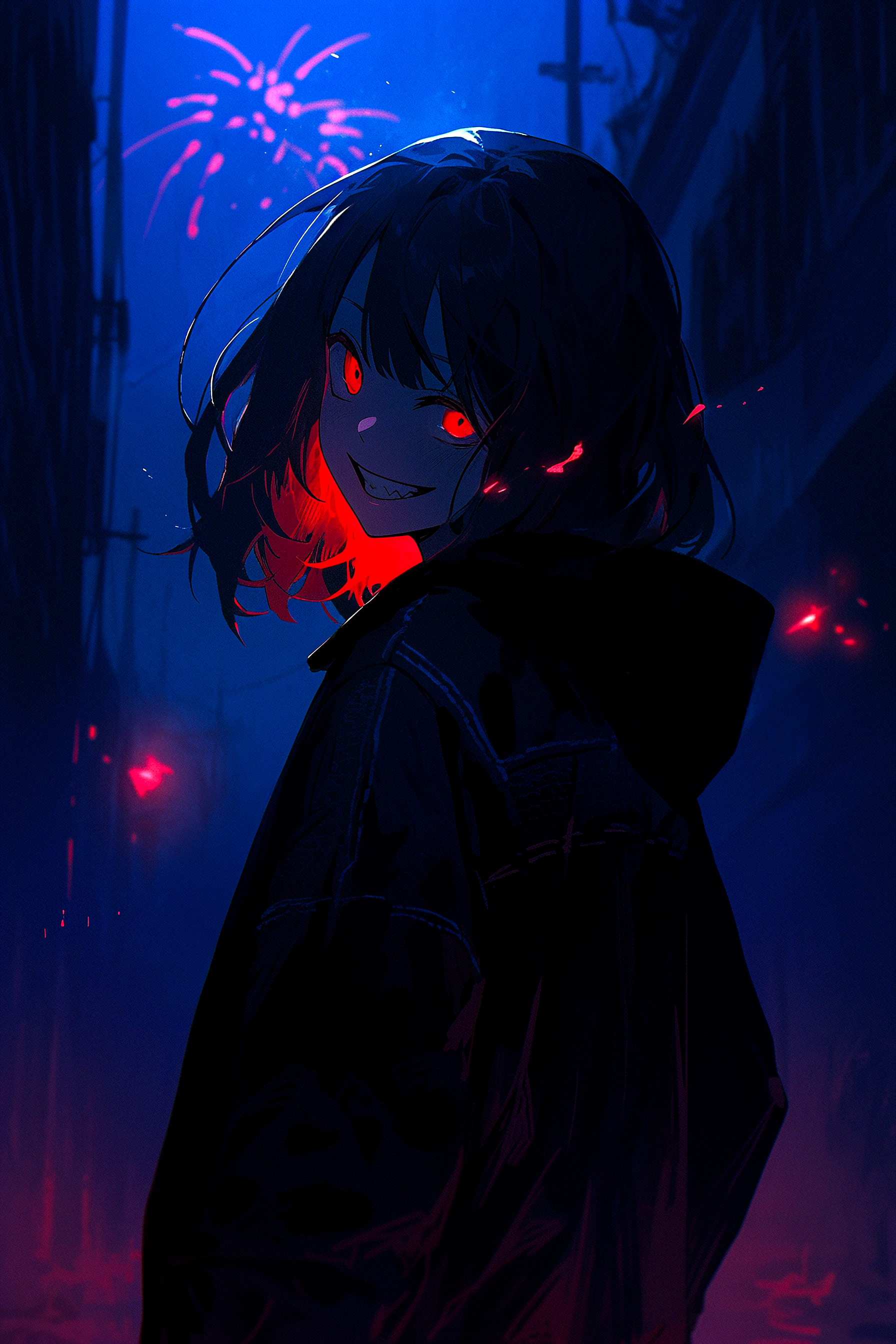 Download wallpaper 1792x2688 girl, smile, eyes, night, anime, art hd