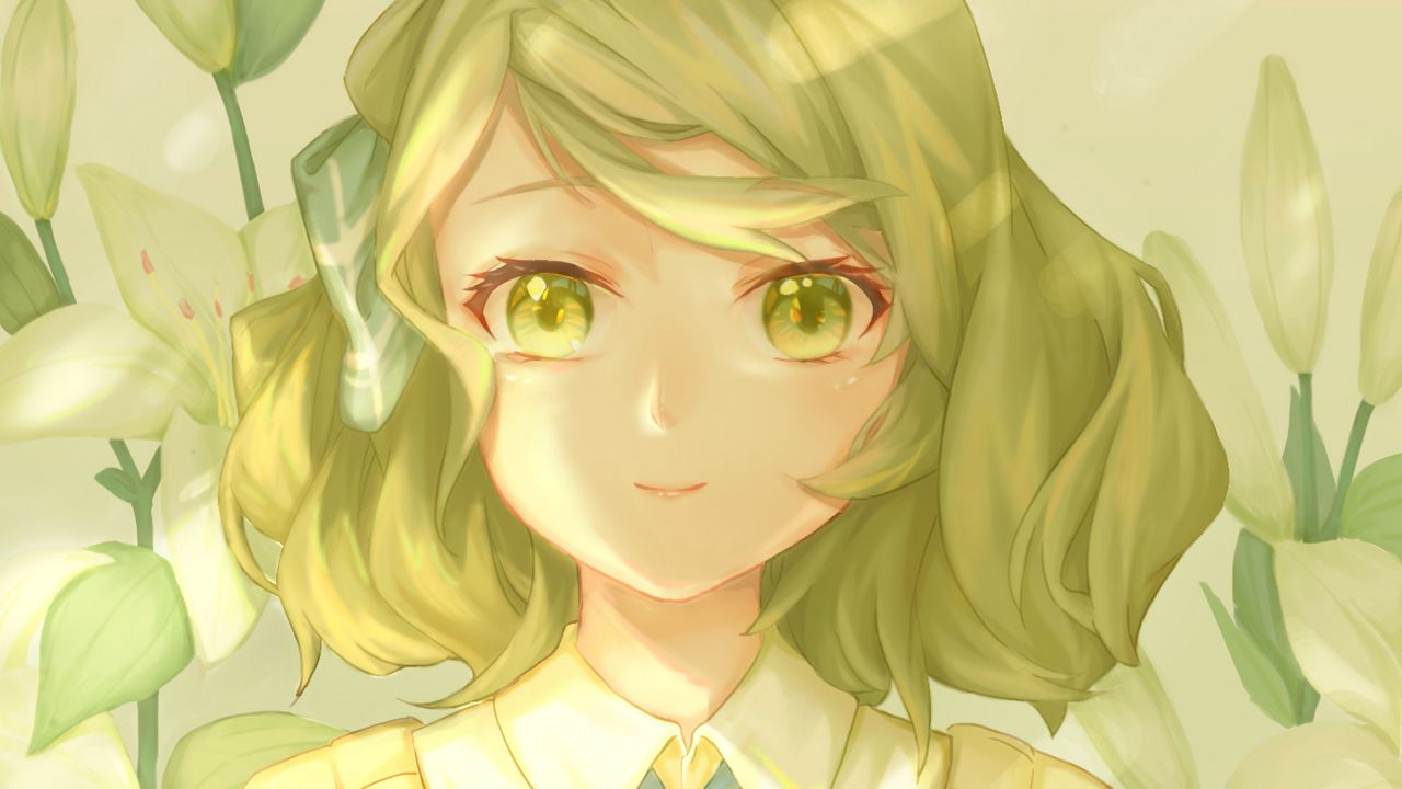 Wallpaper girl, smile, eyes, book, anime, green