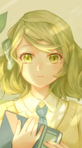 Preview wallpaper girl, smile, eyes, book, anime, green