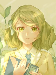 Preview wallpaper girl, smile, eyes, book, anime, green