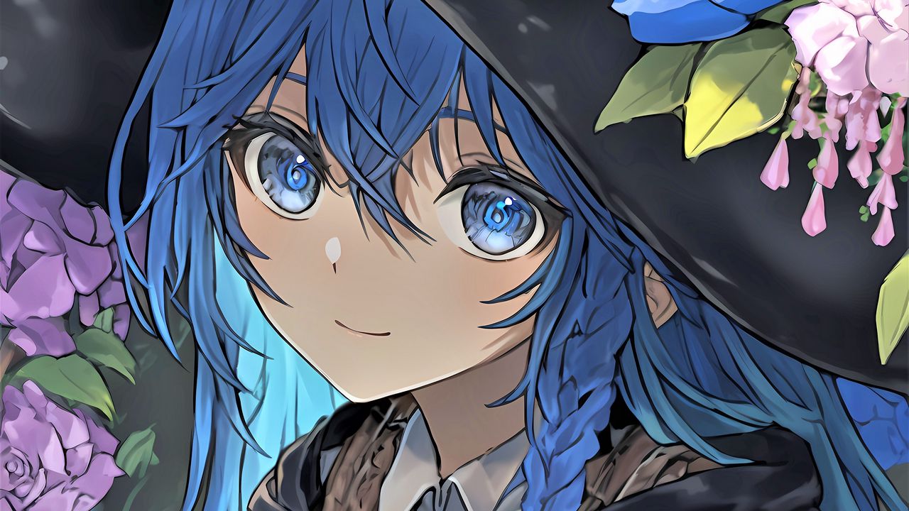 Wallpaper girl, smile, eyes, hair, hat, blue, anime