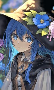 Preview wallpaper girl, smile, eyes, hair, hat, blue, anime