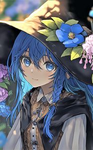 Preview wallpaper girl, smile, eyes, hair, hat, blue, anime