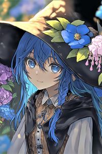 Preview wallpaper girl, smile, eyes, hair, hat, blue, anime