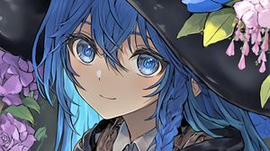 Preview wallpaper girl, smile, eyes, hair, hat, blue, anime