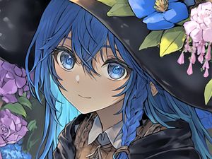 Preview wallpaper girl, smile, eyes, hair, hat, blue, anime