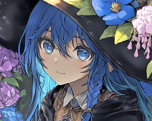 Preview wallpaper girl, smile, eyes, hair, hat, blue, anime