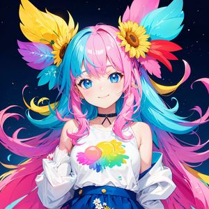 Preview wallpaper girl, smile, feathers, dress, anime, bright, art