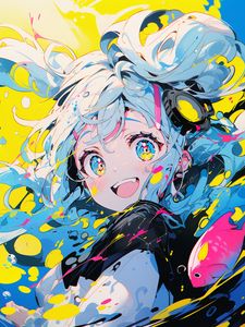Preview wallpaper girl, smile, fish, anime, colorful