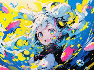 Preview wallpaper girl, smile, fish, anime, colorful