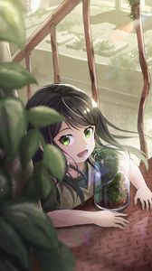 Preview wallpaper girl, smile, florarium, plants, anime, art