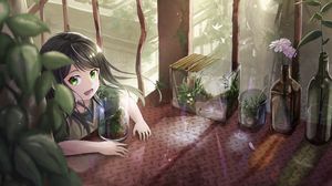 Preview wallpaper girl, smile, florarium, plants, anime, art