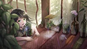 Preview wallpaper girl, smile, florarium, plants, anime, art