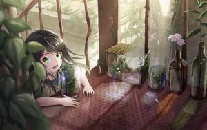 Preview wallpaper girl, smile, florarium, plants, anime, art