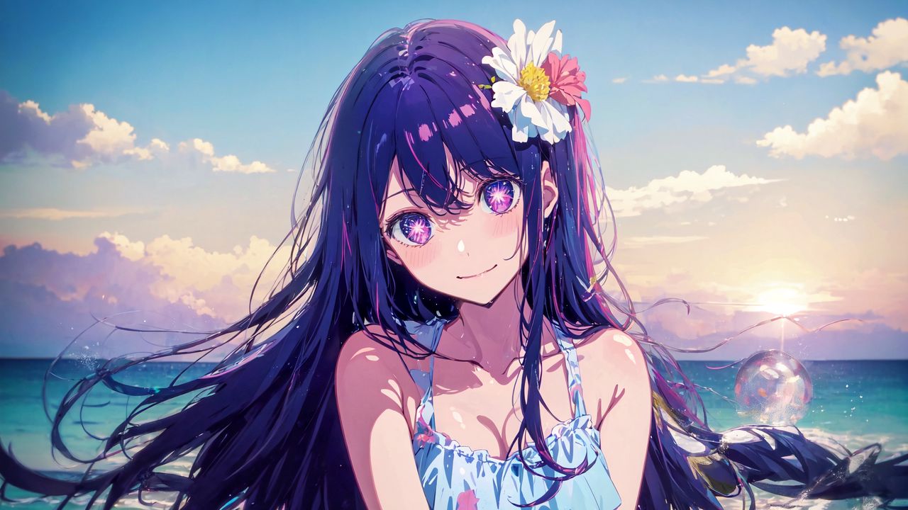 Wallpaper girl, smile, flower, summer, sea, anime