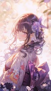 Preview wallpaper girl, smile, flower, kimono, purple, anime