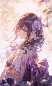 Preview wallpaper girl, smile, flower, kimono, purple, anime