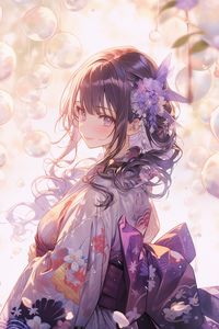 Preview wallpaper girl, smile, flower, kimono, purple, anime